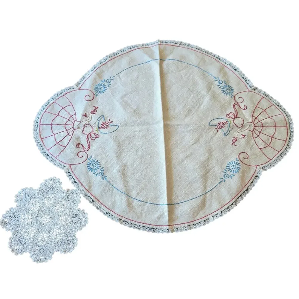 Vintage Crinoline Lady Embroidered Dresser Scarf & Crochet Doily Set Centerpiece
